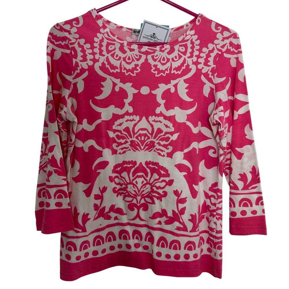 NWT Barbara Gerwit pink white coastal preppy long sleeve top blouse resortwear M
